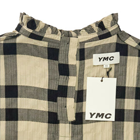 YMC Black/Ecru Check Frill Neck Top