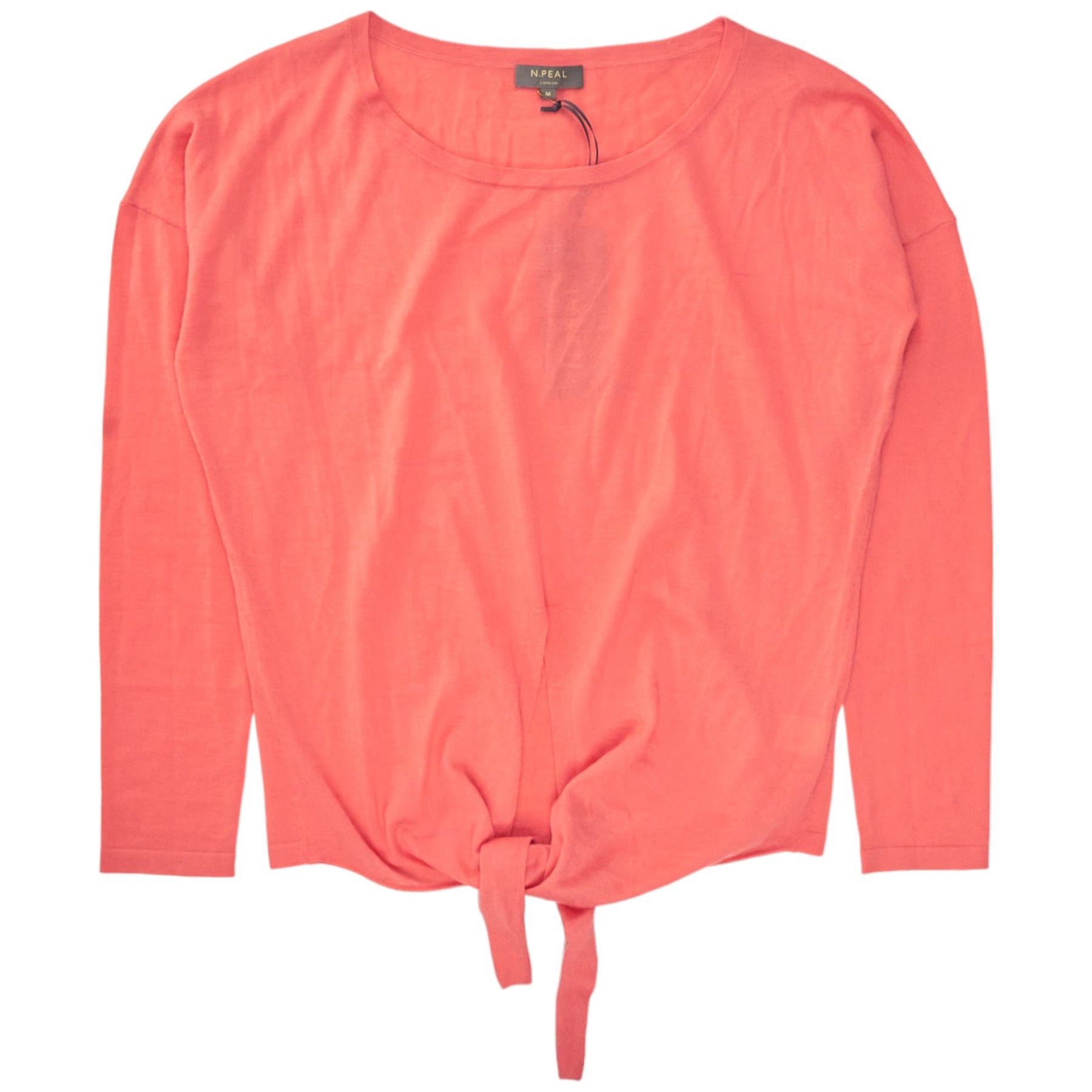 N. Peal Rich Coral Cropped Tie Front Sweater