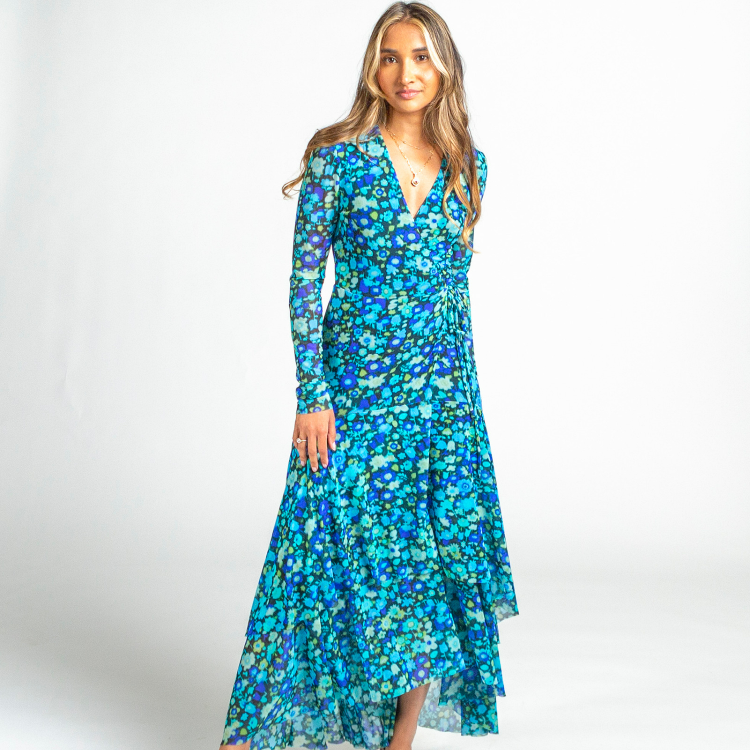 Ganni Blue Floral Wrap Mesh Dress