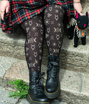 Snag Tights Black Silver Symbolic Tights - Wicca
