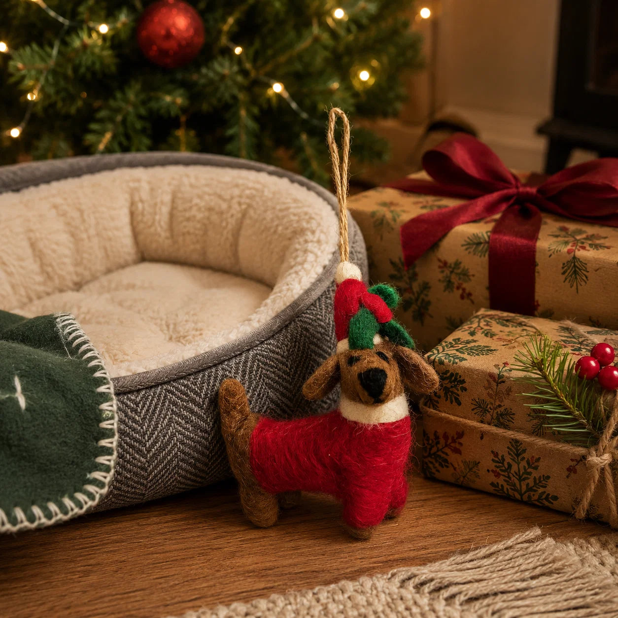 Handmade Felt Sausage Dog Christmas Decoration