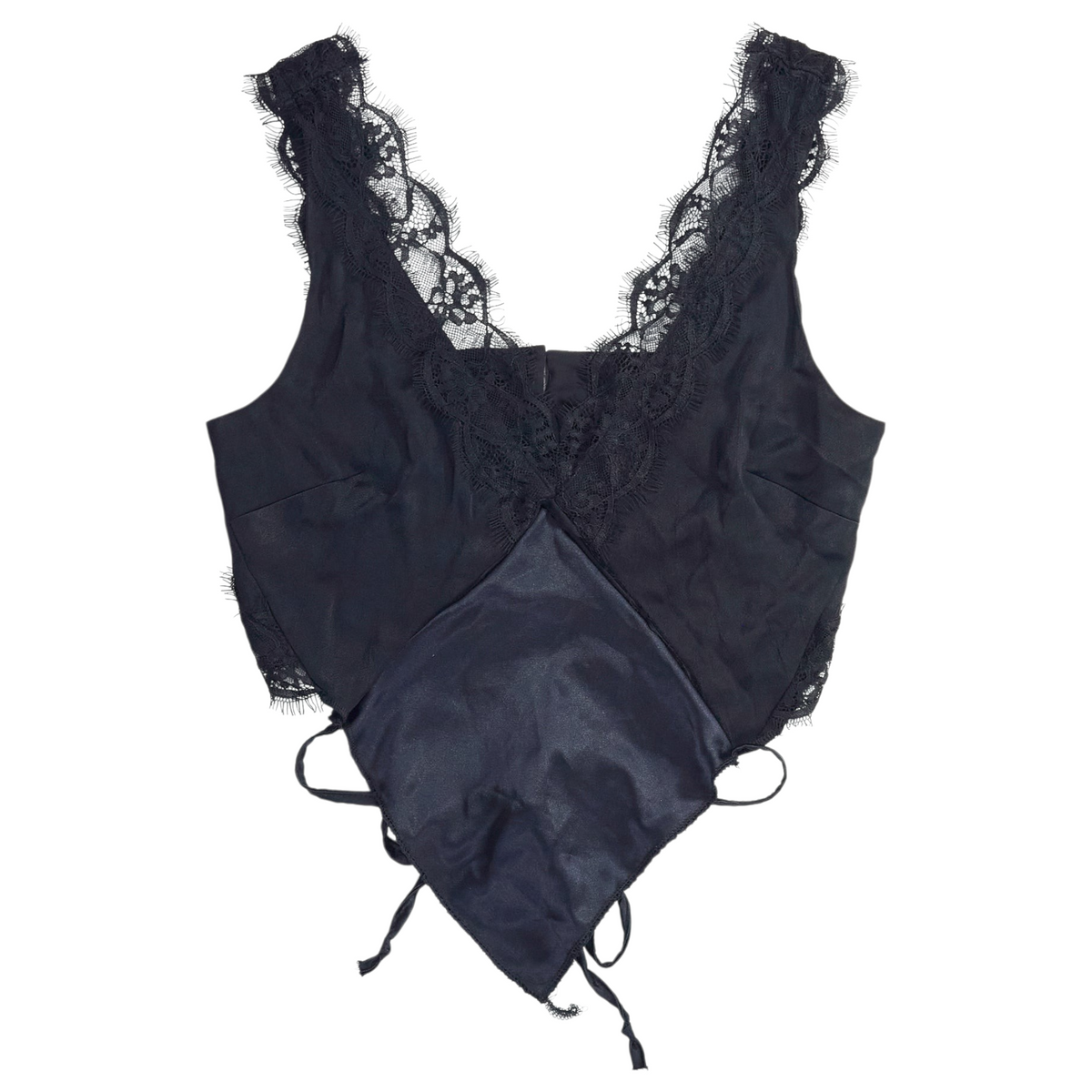 Shop from Crisis Online Planet Soph black upcycled crop top with lace trim and tie-up detail on a white background.