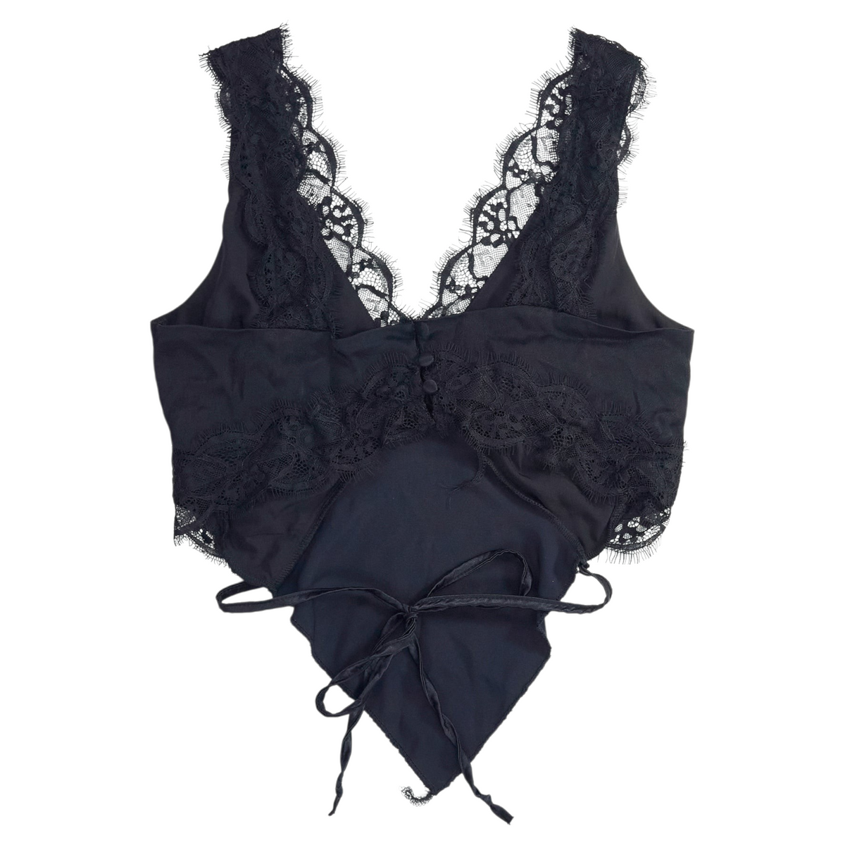 Shop from Crisis Online Planet Soph black upcycled crop top with lace trim and tie-back detail