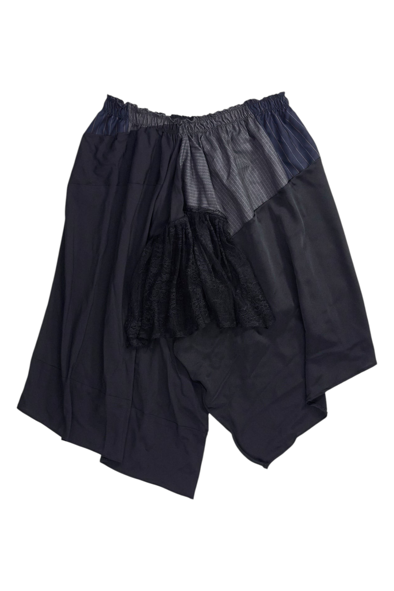 Shop from Crisis Online Planet Soph black upcycled asymmetric skirt with elasticated waist and mixed fabric panels.