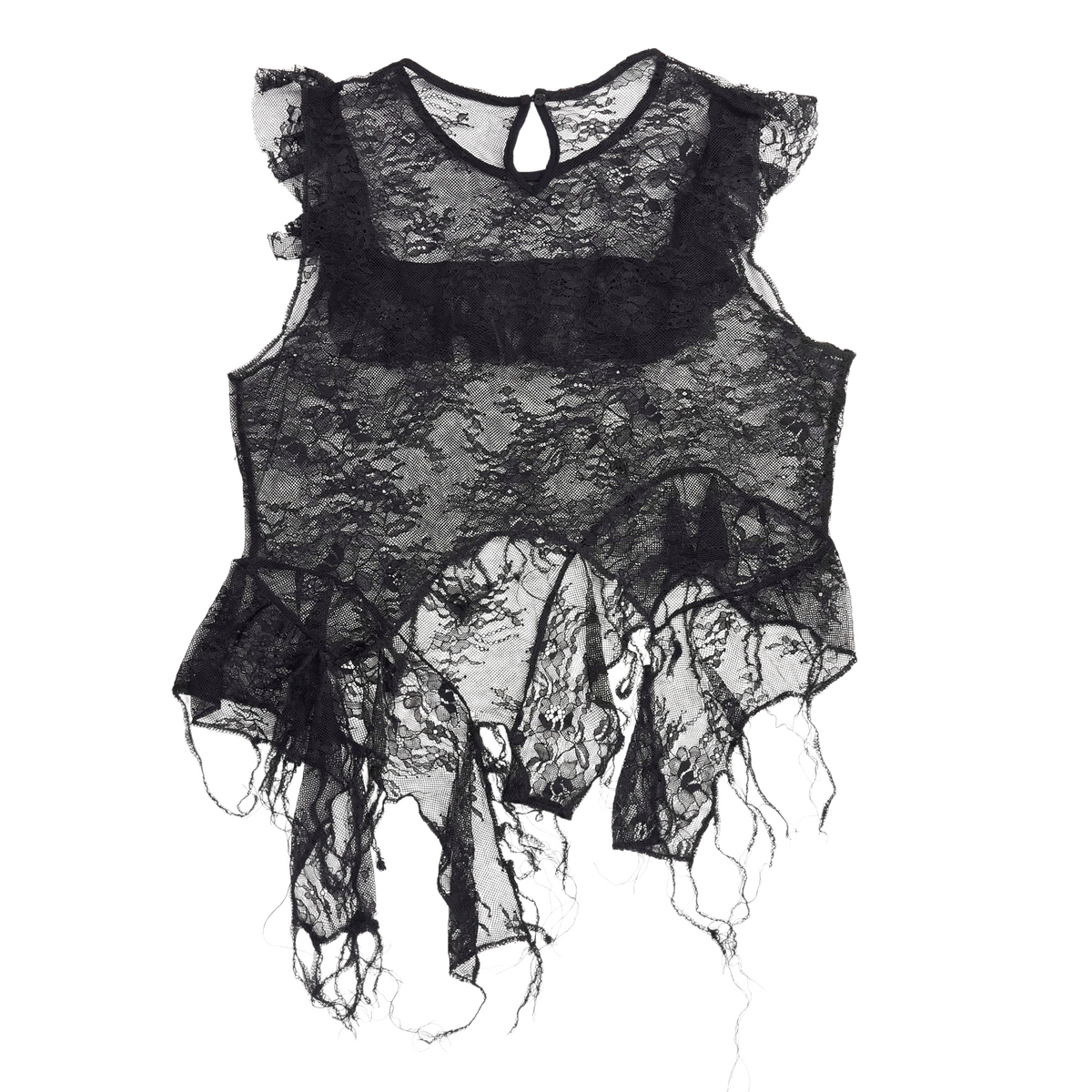 Shop from Crisis Online Planet Soph black upcycled lace crop top with ruffled sleeves and distressed hem detail