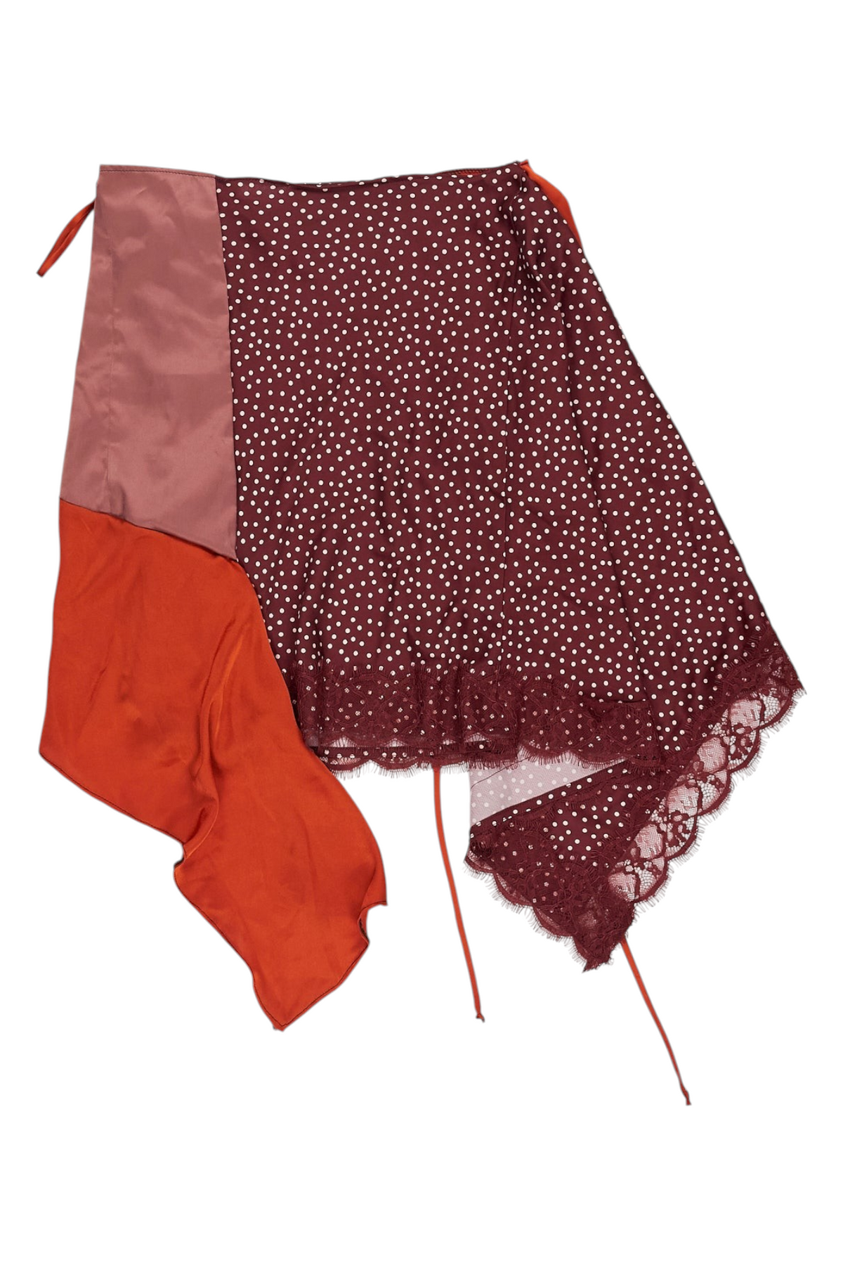 Shop from Crisis Online upcycled asymmetric skirt in burgundy and orange with polka dot pattern and lace trim