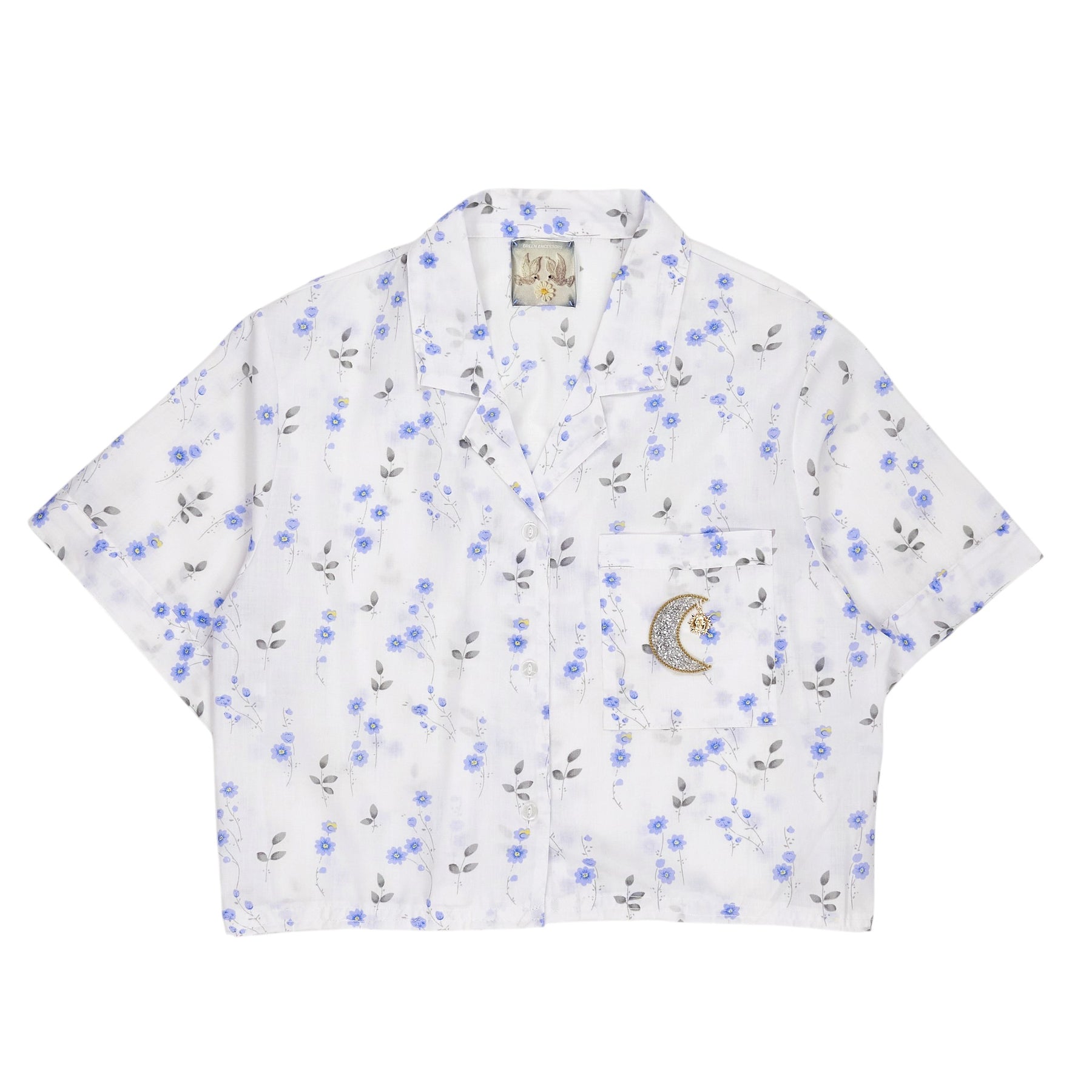 Green Ancestors White Blue Floral Crop Shirt