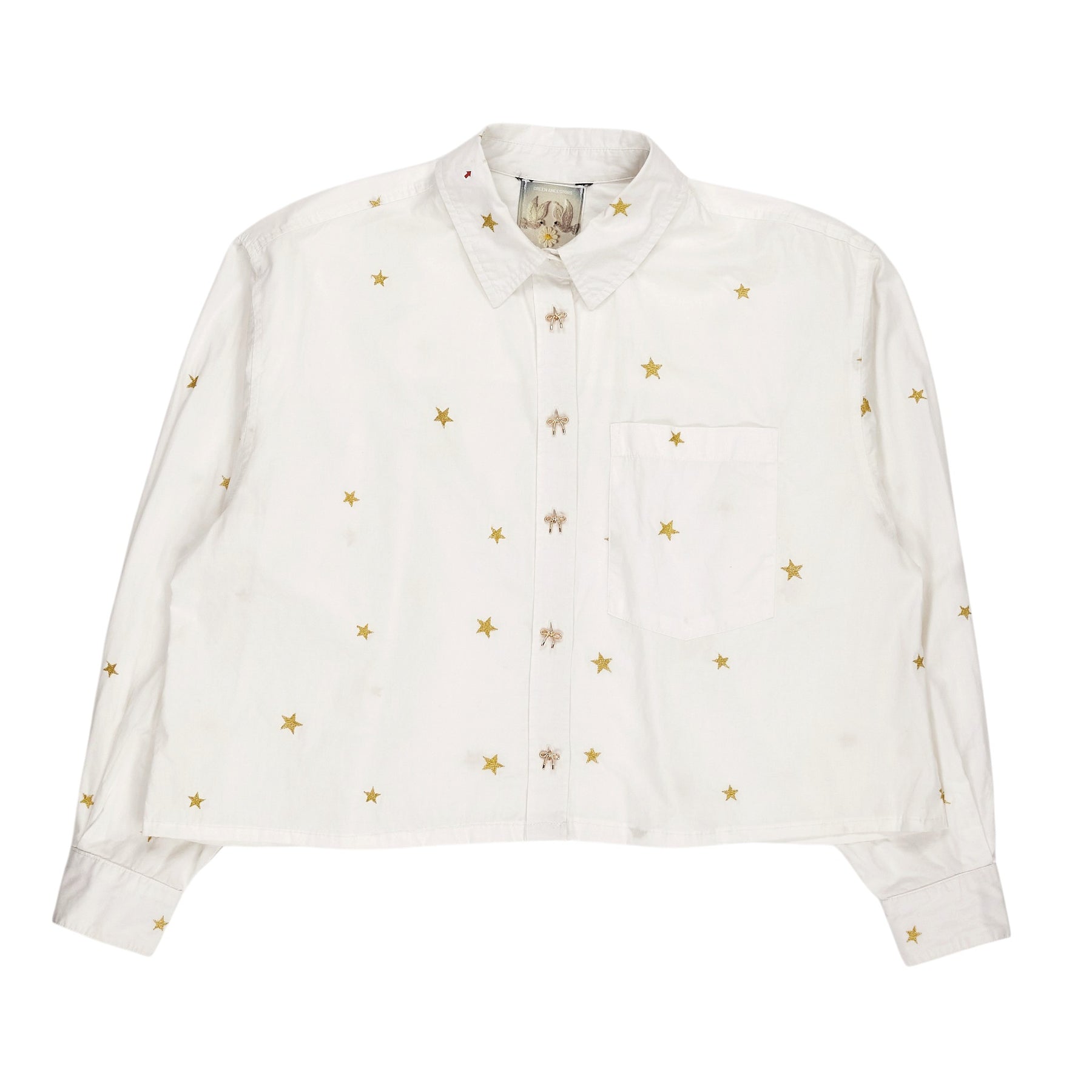 Green Ancestors White Gold Star Embroidered Crop Shirt