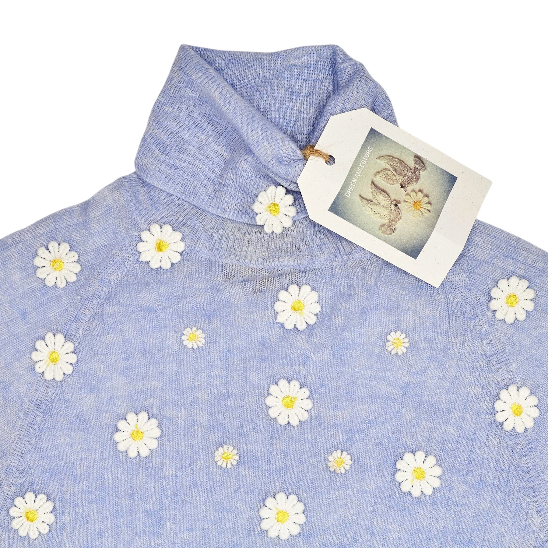 Green Ancestors Light Blue Daisy Floral Applique Roll Neck Jumper