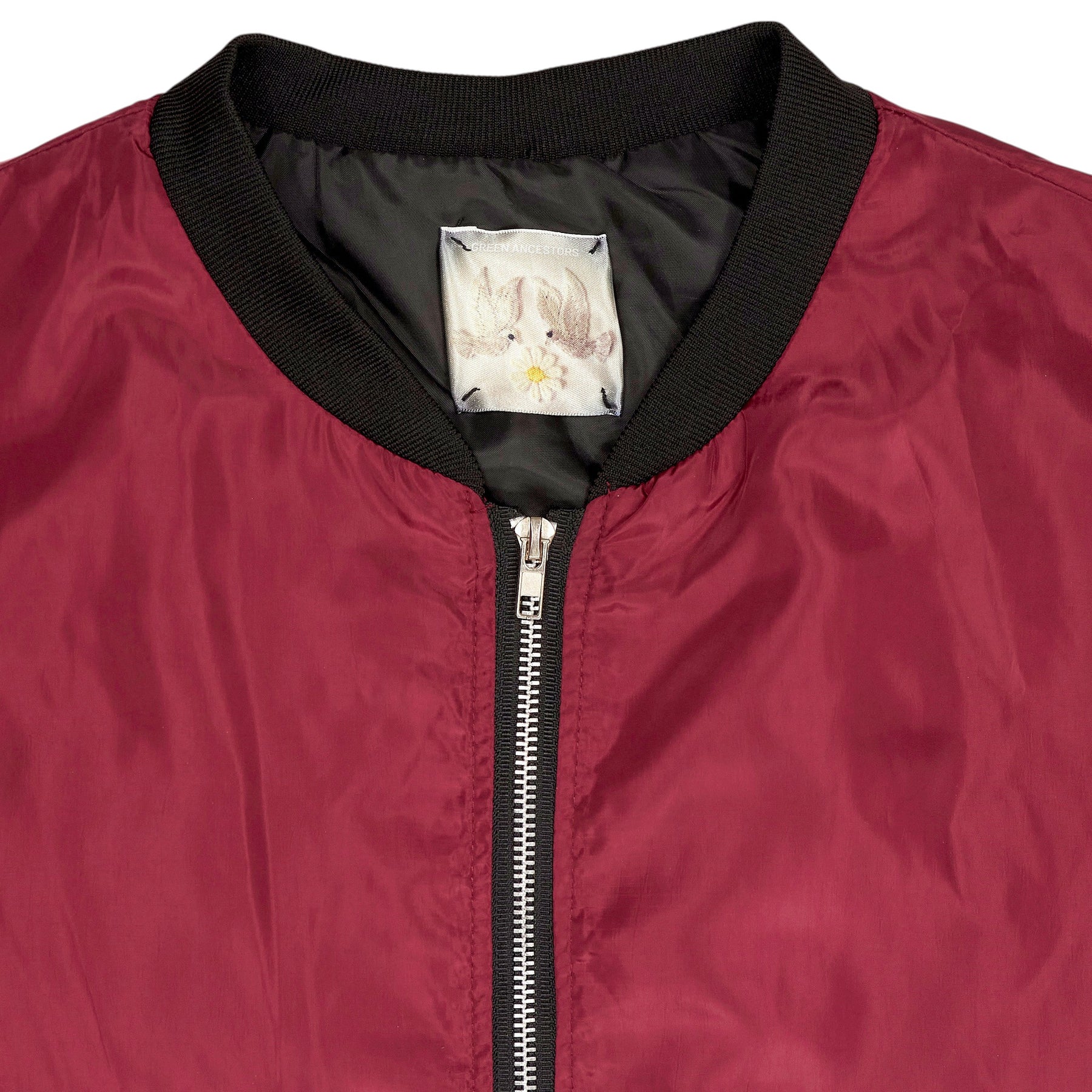 Green Ancestors Burgundy Red Embellished Bomber Jacket