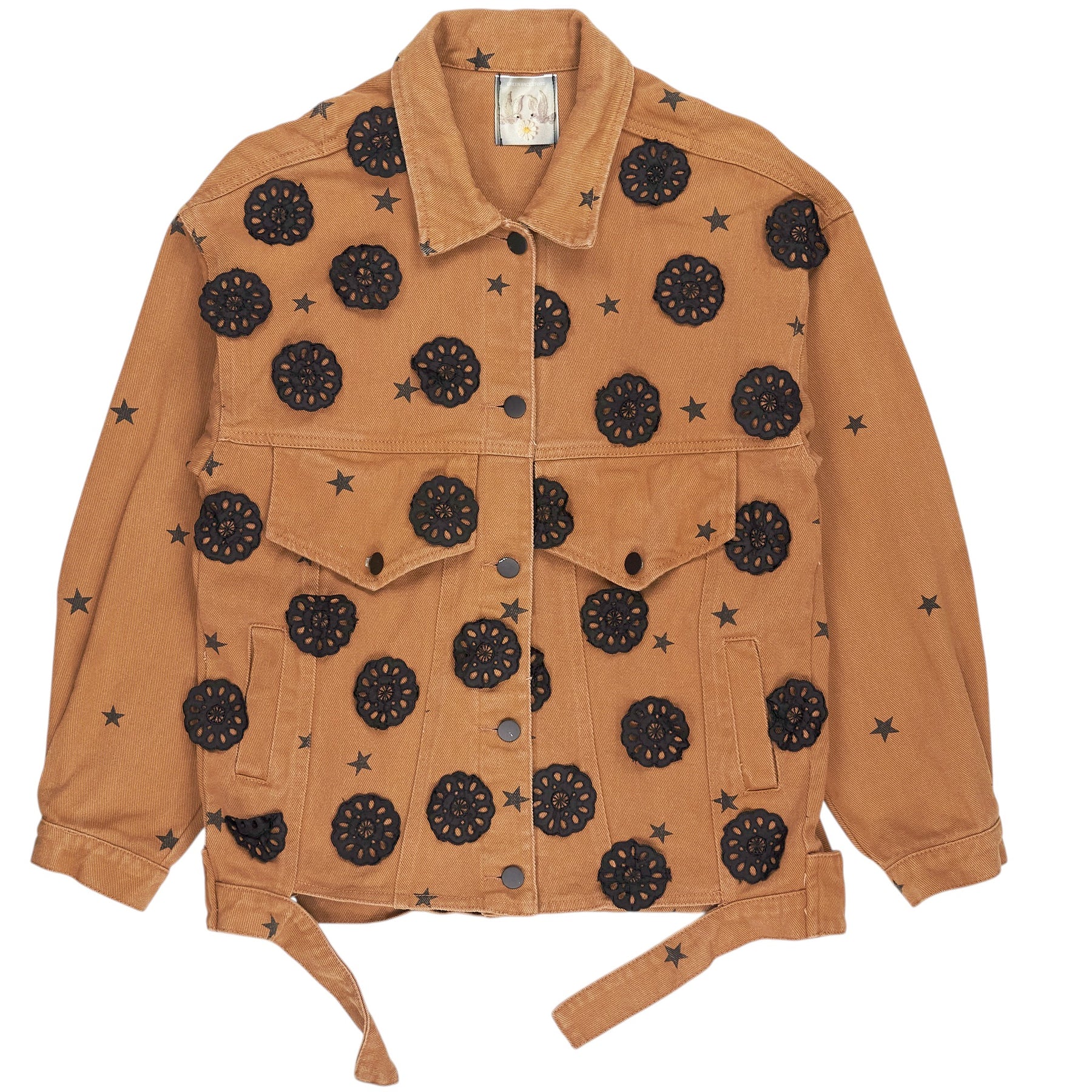 Green Ancestors Tan Brown Black Applique Denim Jacket