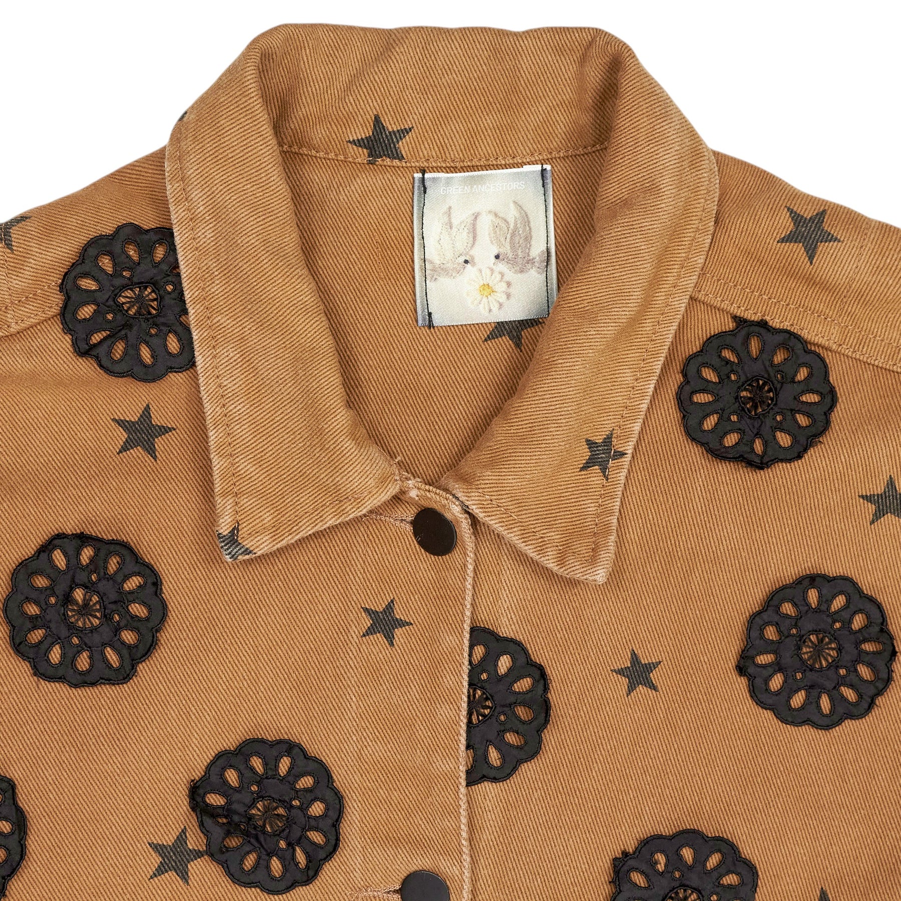 Green Ancestors Tan Brown Black Applique Denim Jacket