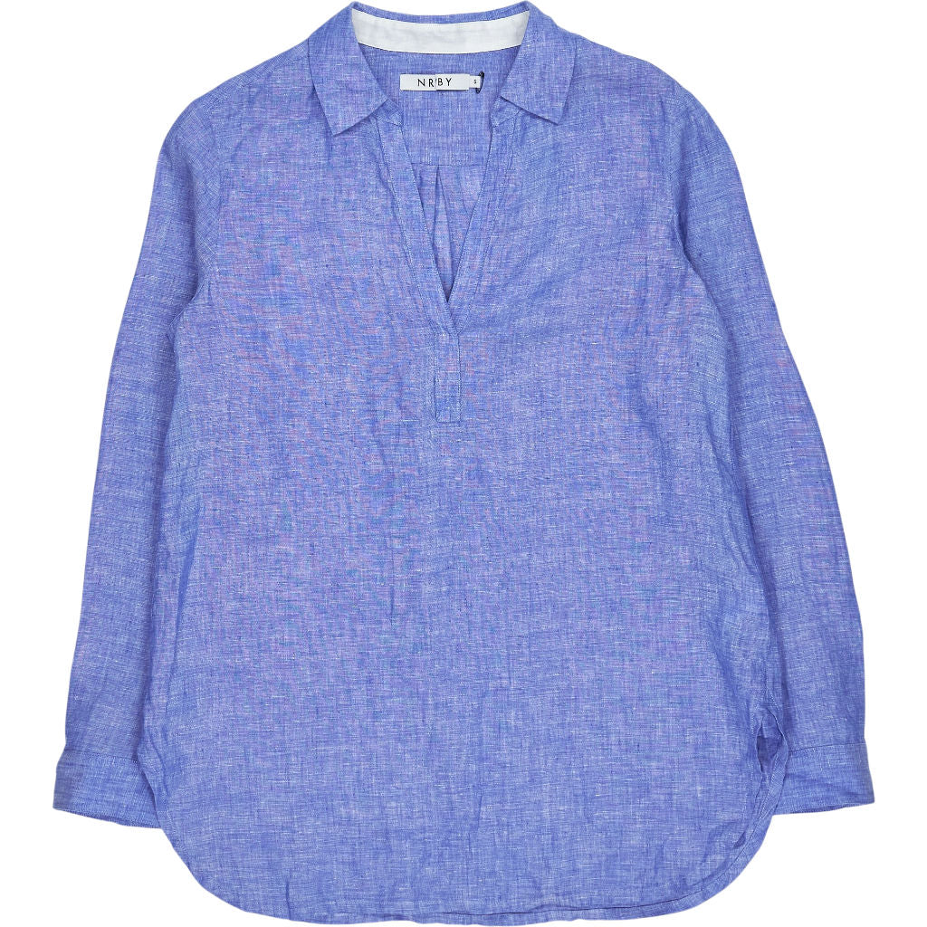 NRBY Blue Linen White Collar Blouse