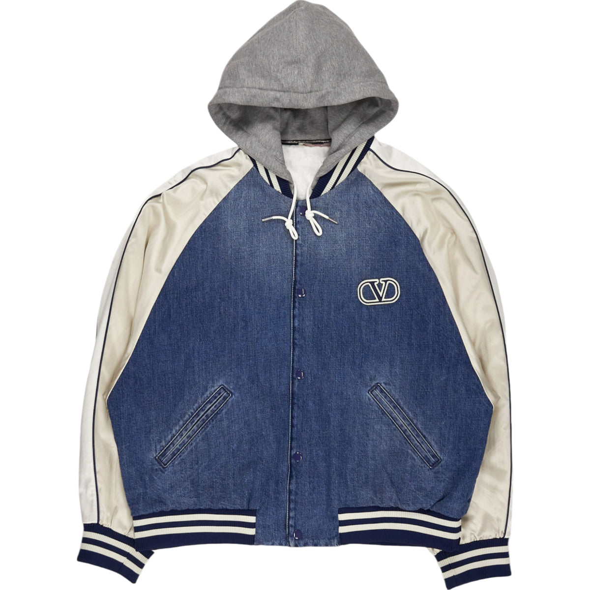 Valentino Blue Denim Varsity Hooded Jacket