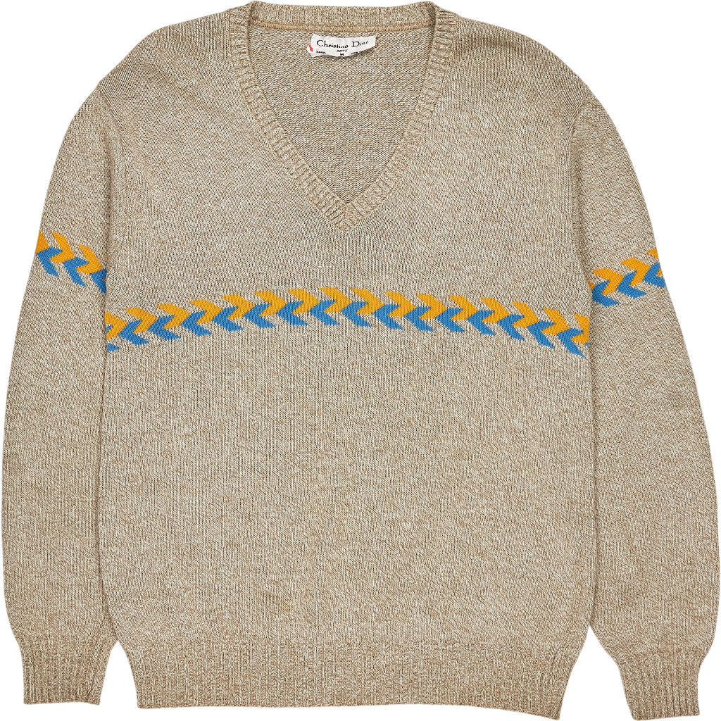 Vintage Christian Dior Beige Knit V-Neck Jumper