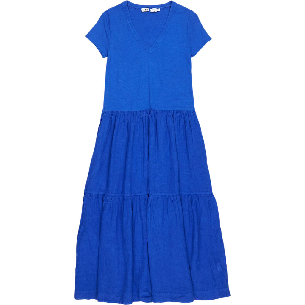 NRBY Blue V-Neck Tiered Midi Dress