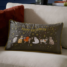 'Halloween Pawty' Embroidered Velvet Cushion