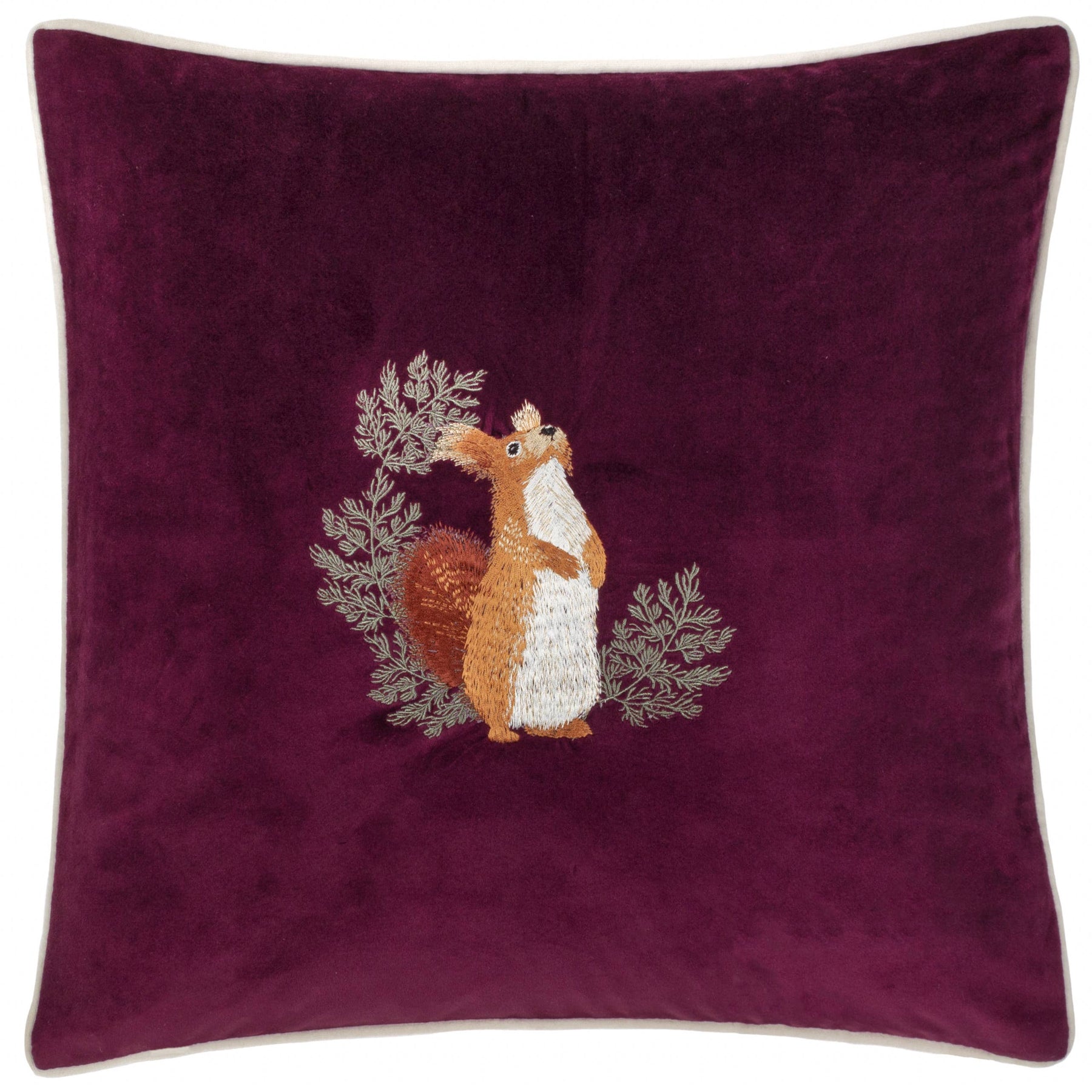 Pineberry Forest Embroidered Squirrel Velvet Cushion Cover