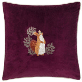 Pineberry Forest Embroidered Squirrel Velvet Cushion Cover