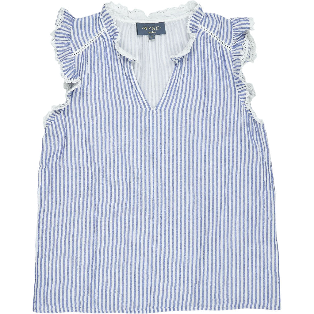 Wyse Blue Striped Ruffle Sleeveless Top