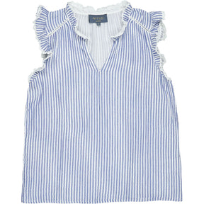 Wyse Blue Striped Ruffle Sleeveless Top