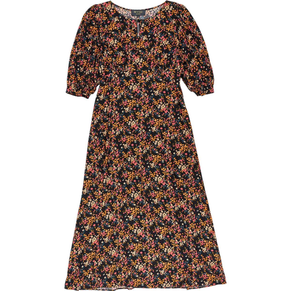 Wyse Black Floral Puff Sleeve Dress