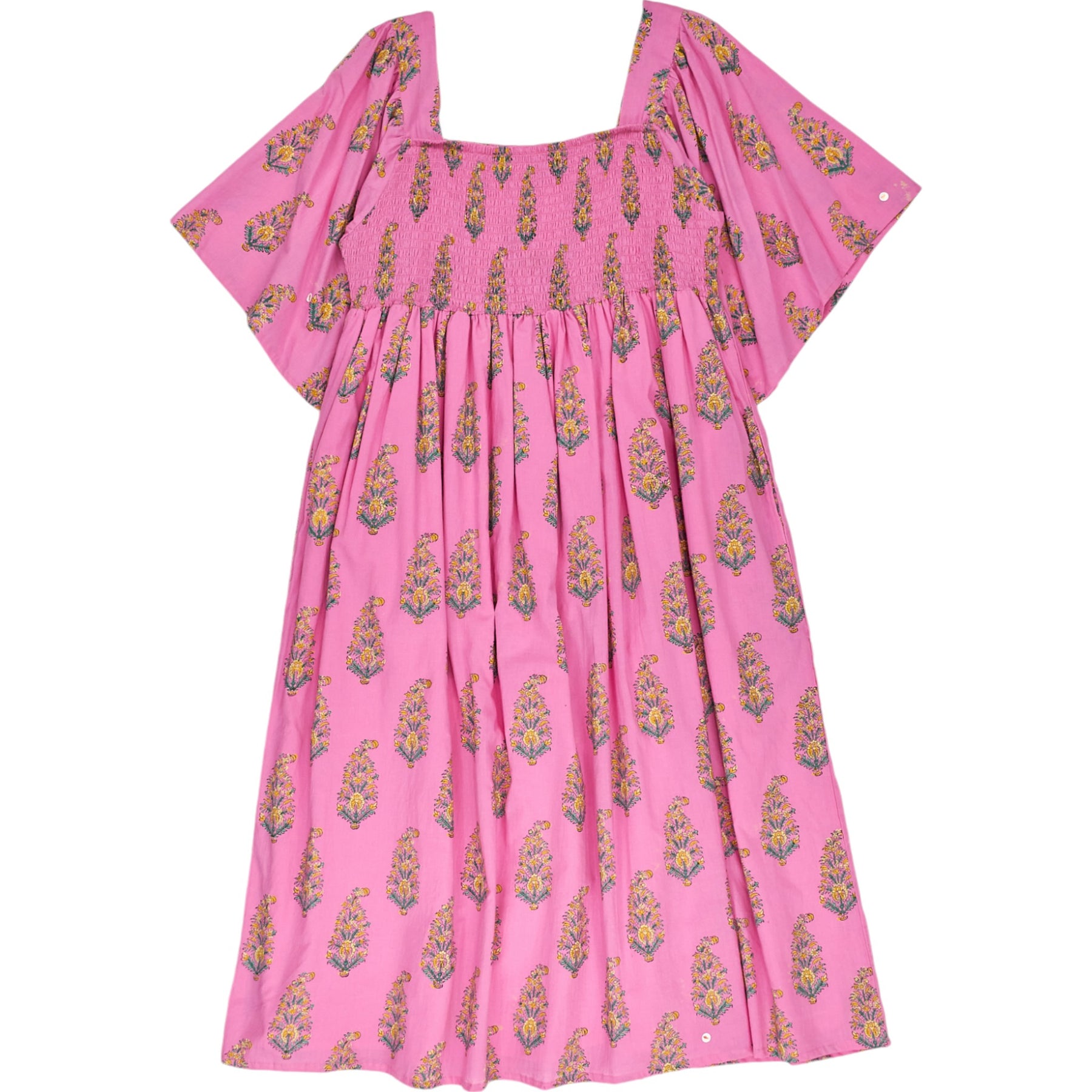 Wyse Pink Paisley Shirred Dress