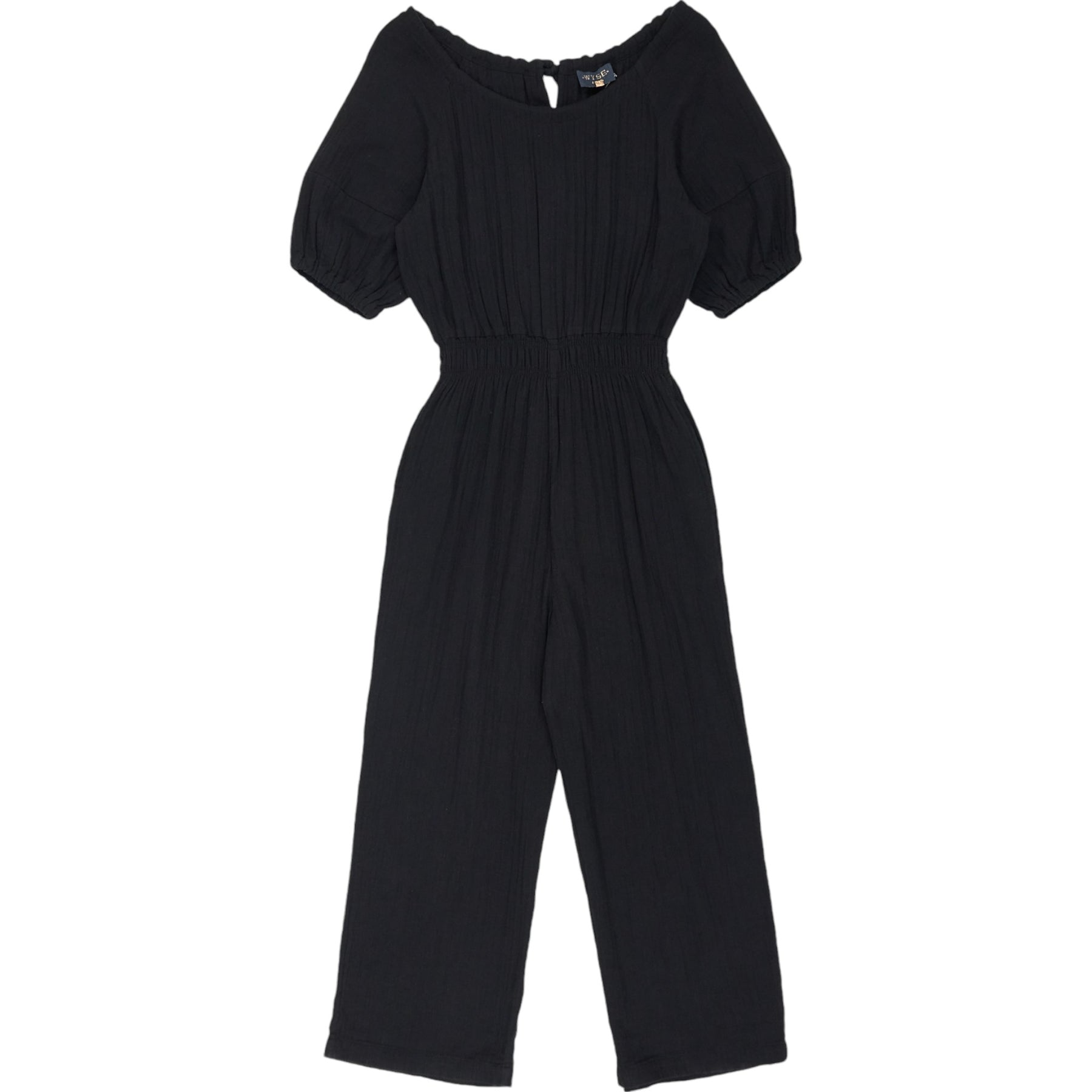 Wyse Black Double Gauze Elastic Waist Jumpsuit