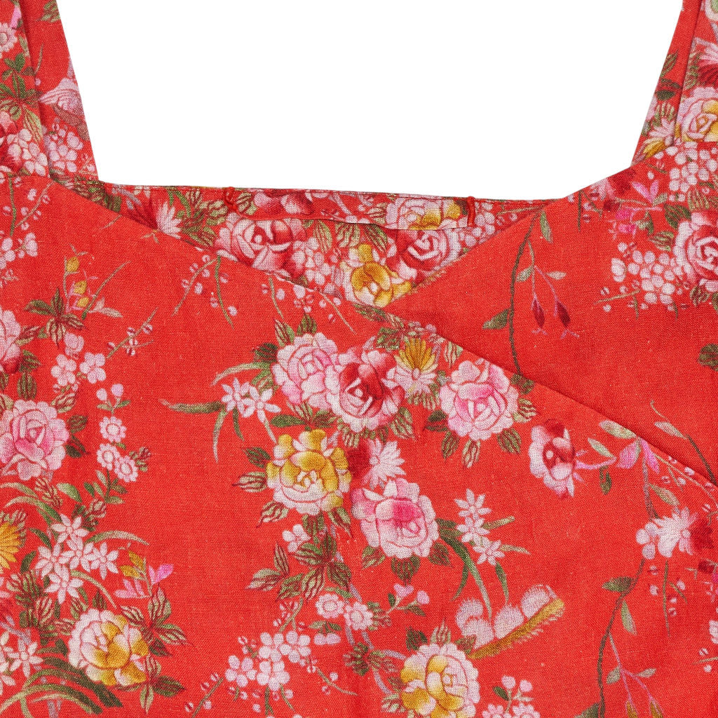 By Walid Red Floral Linen Dress