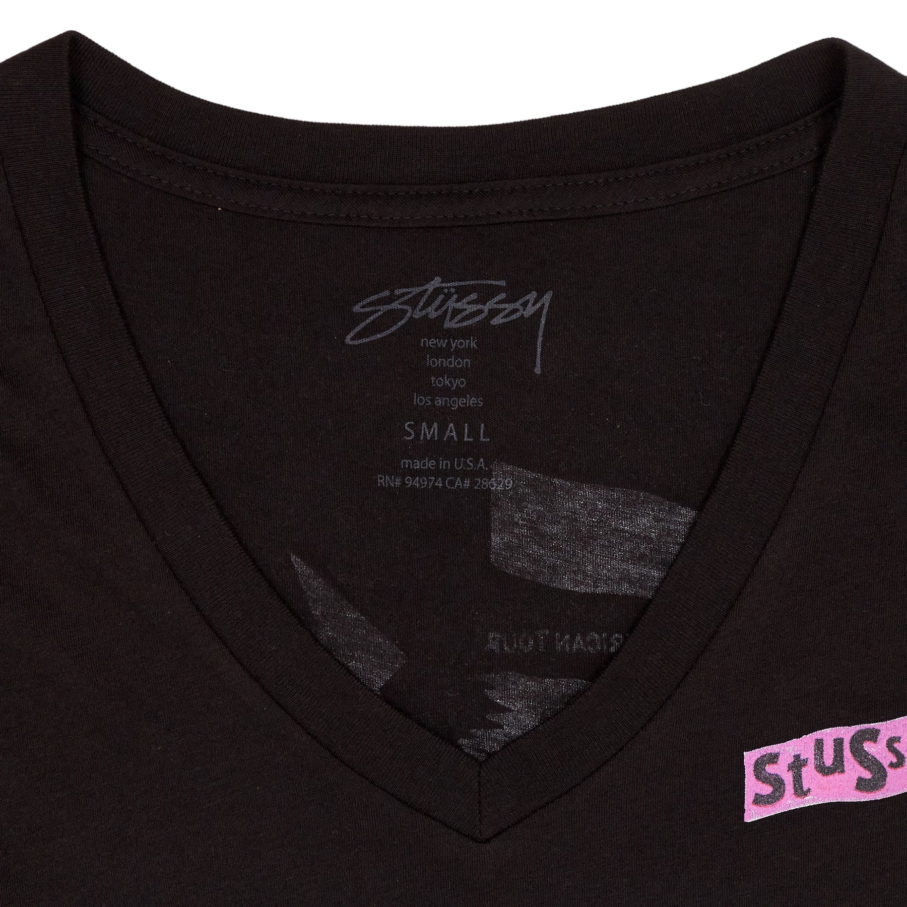 Stussy Black V-Neck Small Graphic T-Shirt