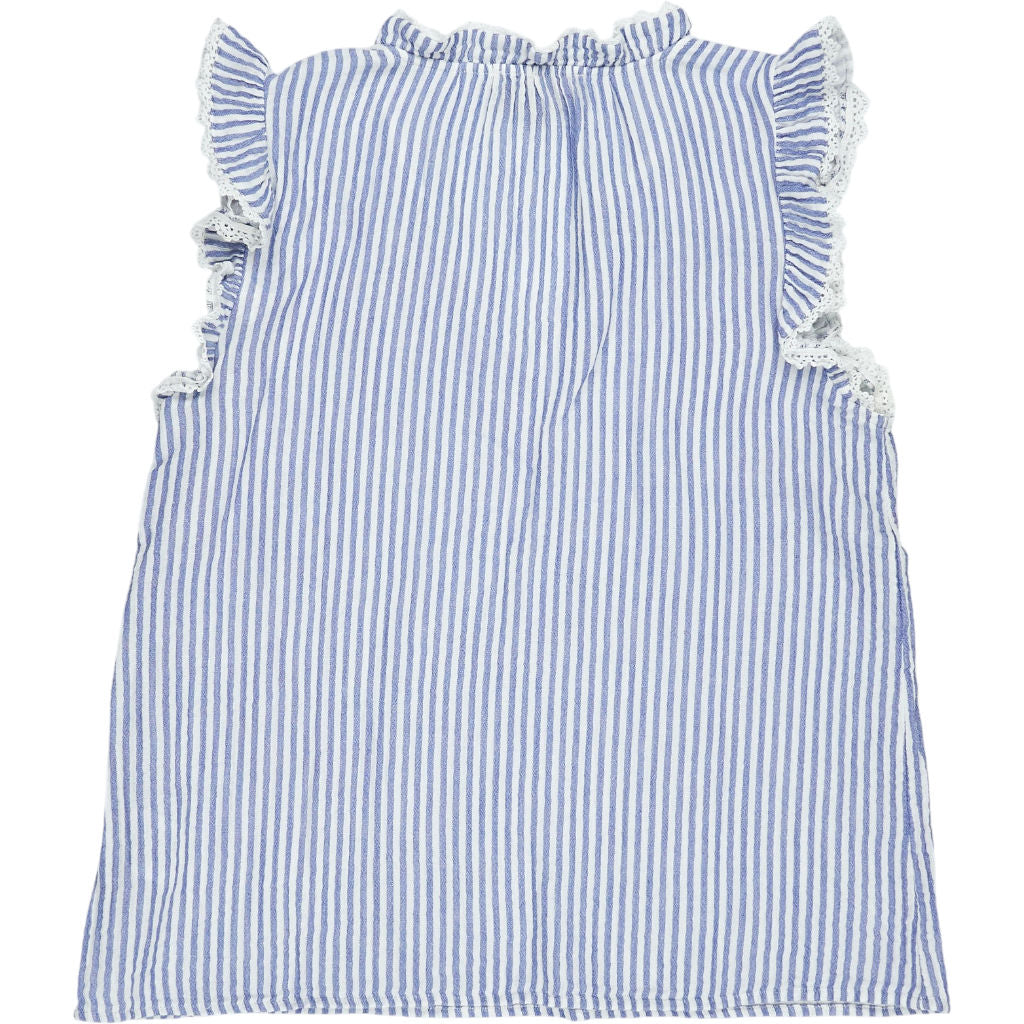 Wyse Blue Striped Ruffle Sleeveless Top
