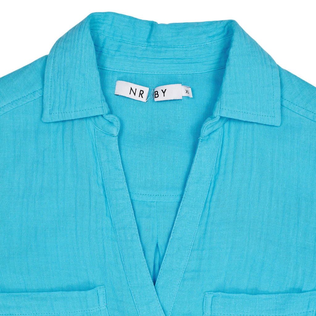 NRBY Blue Crinkle Cotton Shirt Dress