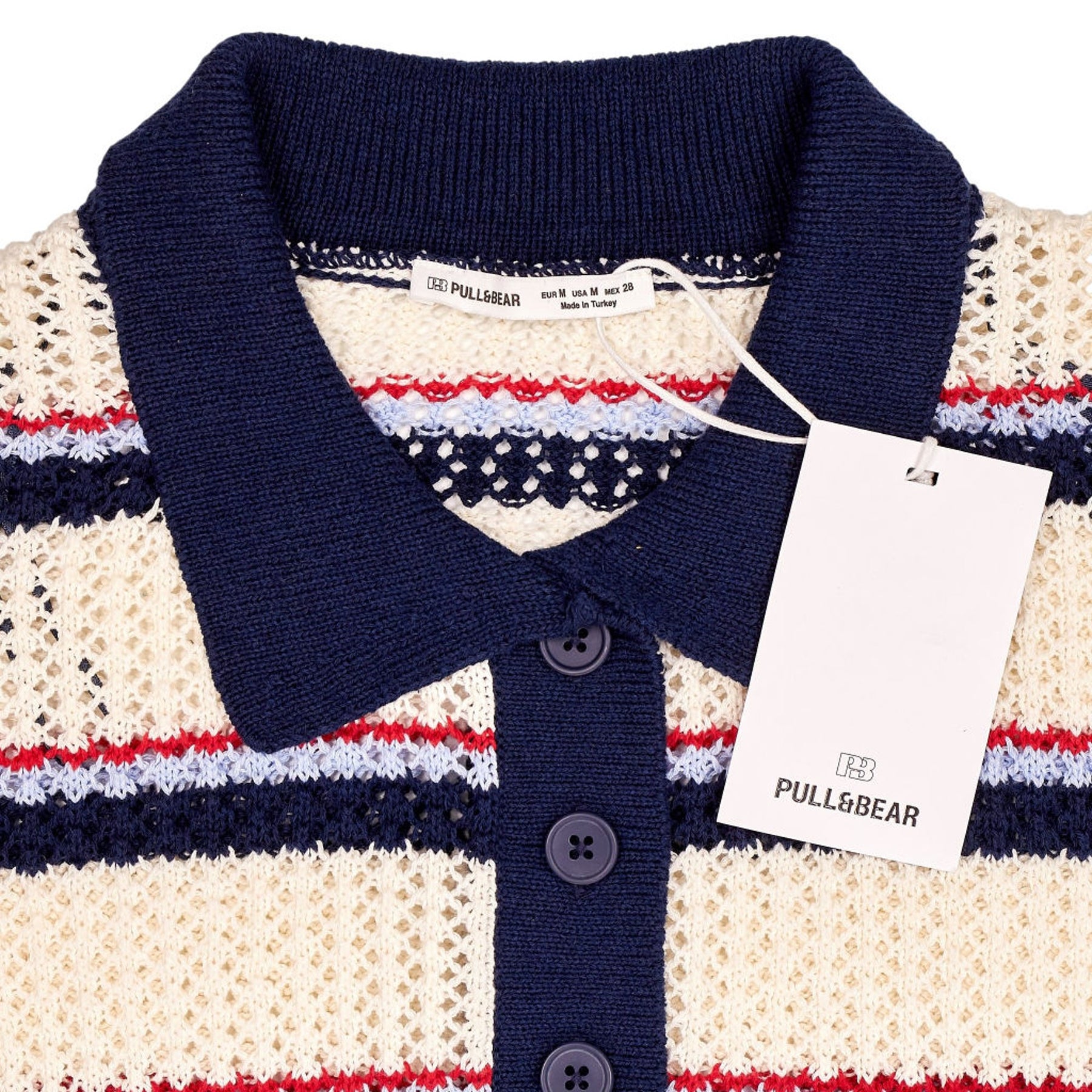 Pull & Bear Cream Striped Polo Knit Top