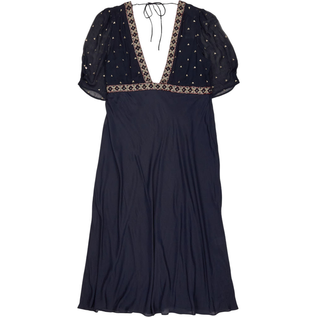 Rixo Navy Embellished V-Neck Dress