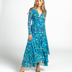 Ganni Blue Floral Wrap Mesh Dress