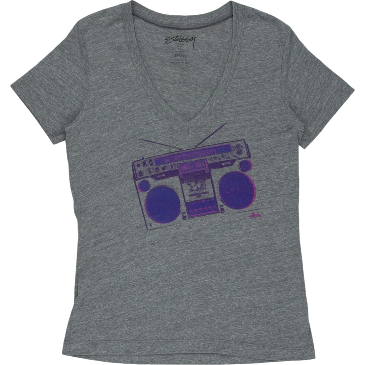 Stussy Grey Boombox Print V-Neck T-Shirt