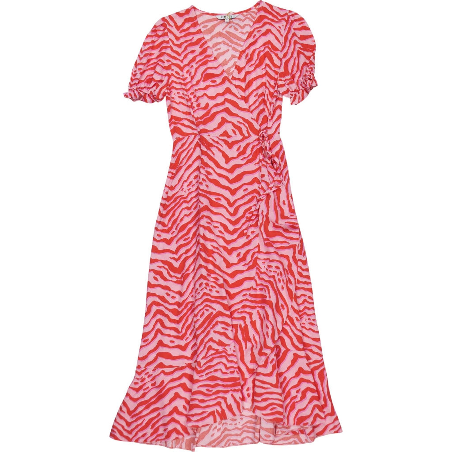 OMNES Red Pink Capri Frill Wrap Dress