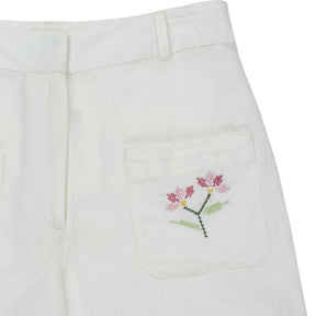 WYSE White Cotton Linen Embroidered Shorts