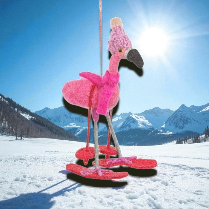 Handmade Felt Skiing Flamingo Hanging Christmas Tree Decoration