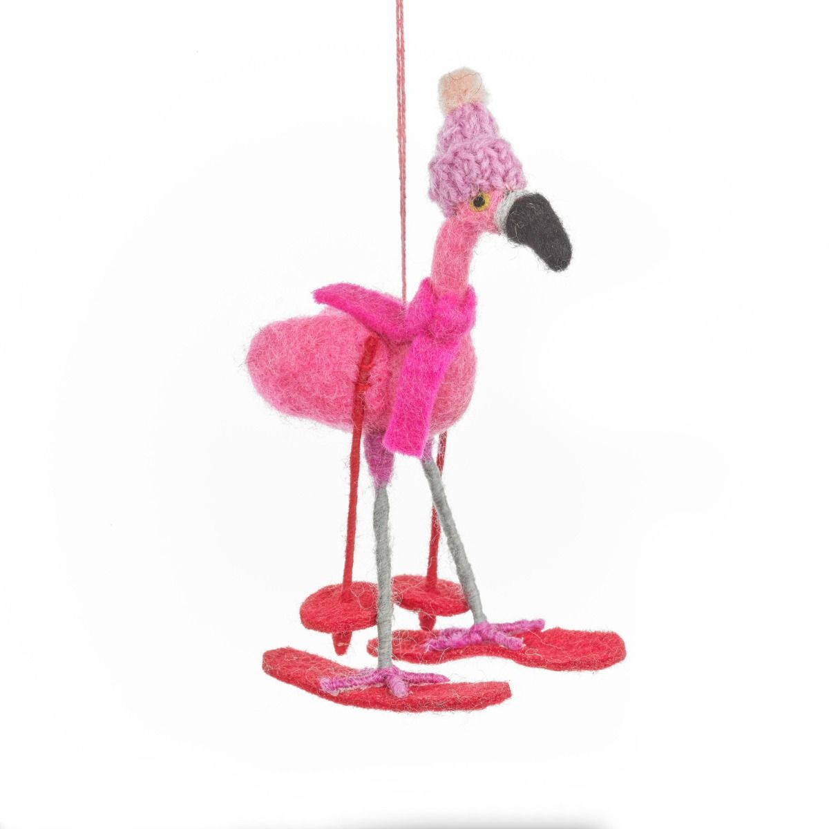 Handmade Felt Skiing Flamingo Hanging Christmas Tree Decoration