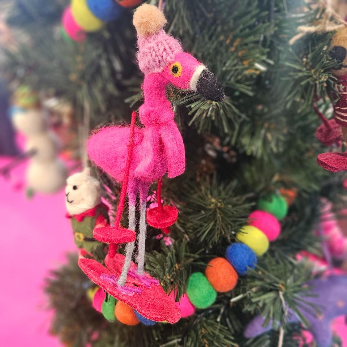 Handmade Felt Skiing Flamingo Hanging Christmas Tree Decoration