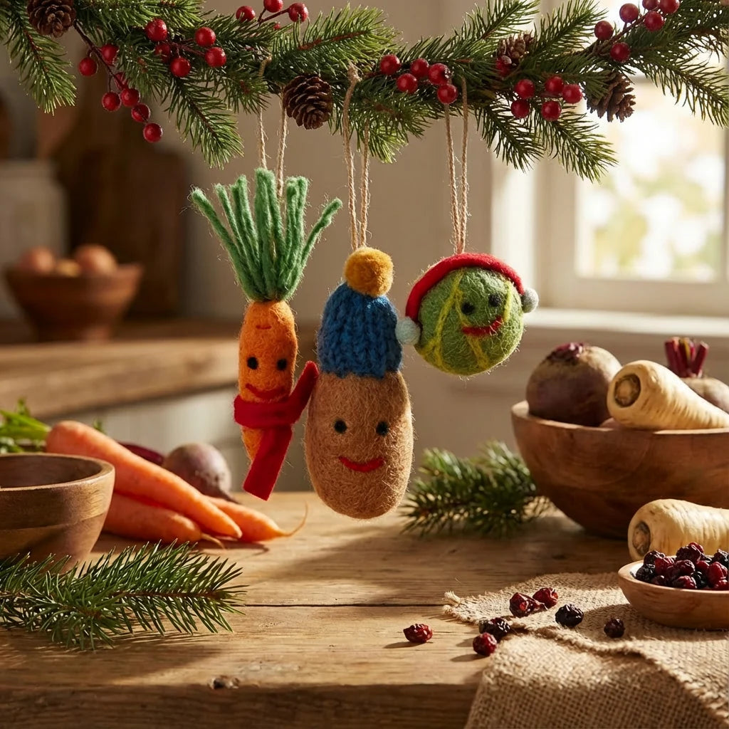 Handmade Felt Winter Veggies Hanging Christmas Decorations - set of 3