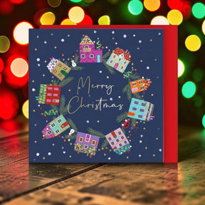 Wreath - Christmas Houses Christmas cards - pack of 8