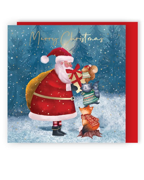 Santa With Animals Cards- pack of 8