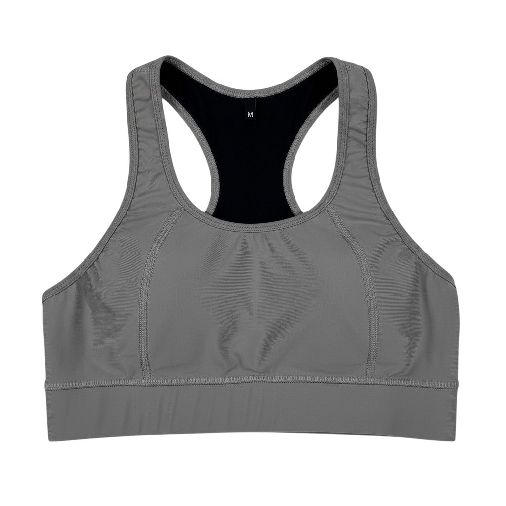 Tiger & Glory grey racerback sports bra with black lining and size M tag. Supportive activewear.