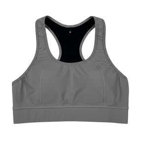 Tiger & Glory grey racerback sports bra with black lining and size M tag. Supportive activewear.