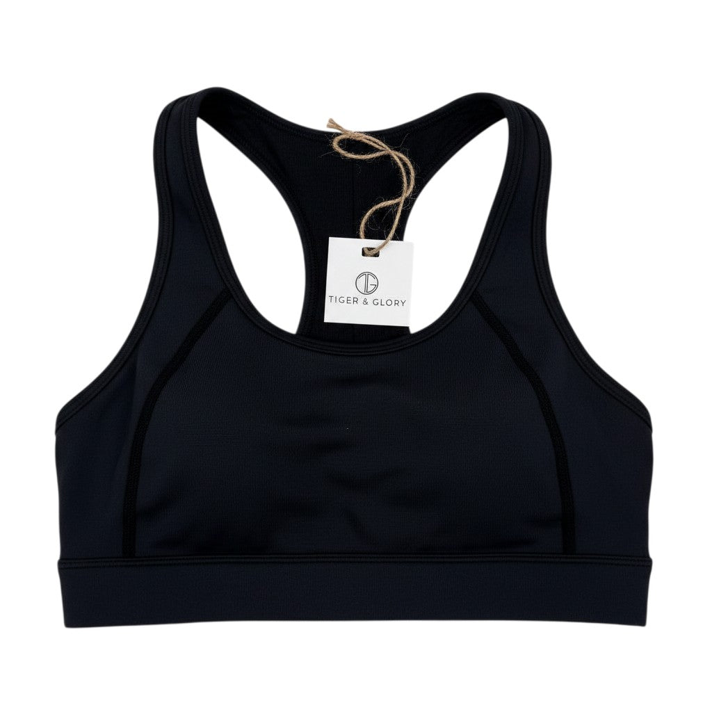 Tiger & Glory black sports bra with racerback design and supportive band. Made from a polyester-spandex blend.