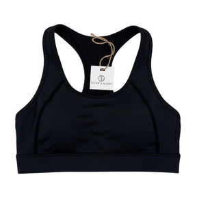 Tiger & Glory black sports bra with racerback design and supportive band. Made from a polyester-spandex blend.