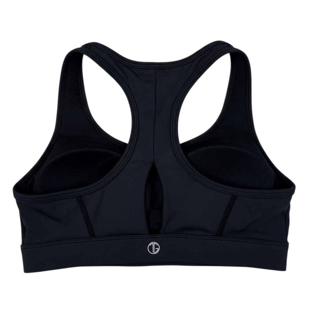 Tiger & Glory black sports bra with racerback and cutout detail, made from polyester and spandex blend.
