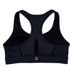 Tiger & Glory black sports bra with racerback and cutout detail, made from polyester and spandex blend.